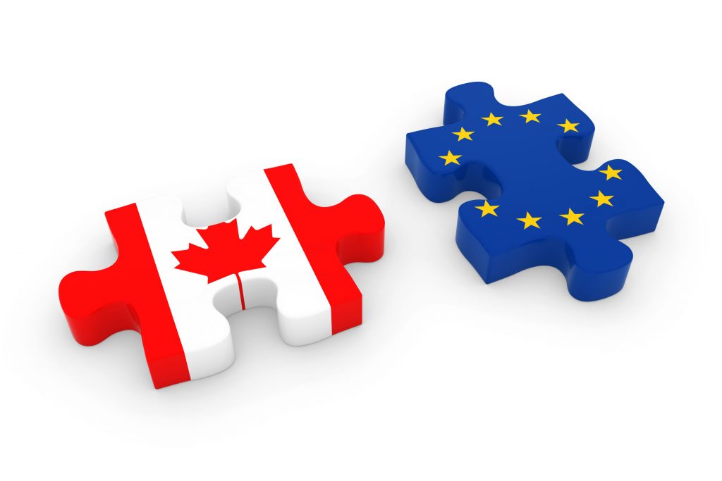 56855475 - canada and eu puzzle pieces - canadian and european flag jigsaw 3d illustration