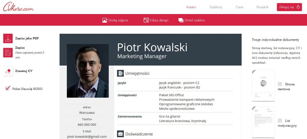 Panel edycji CV - kreator dostępny na CVHero.com