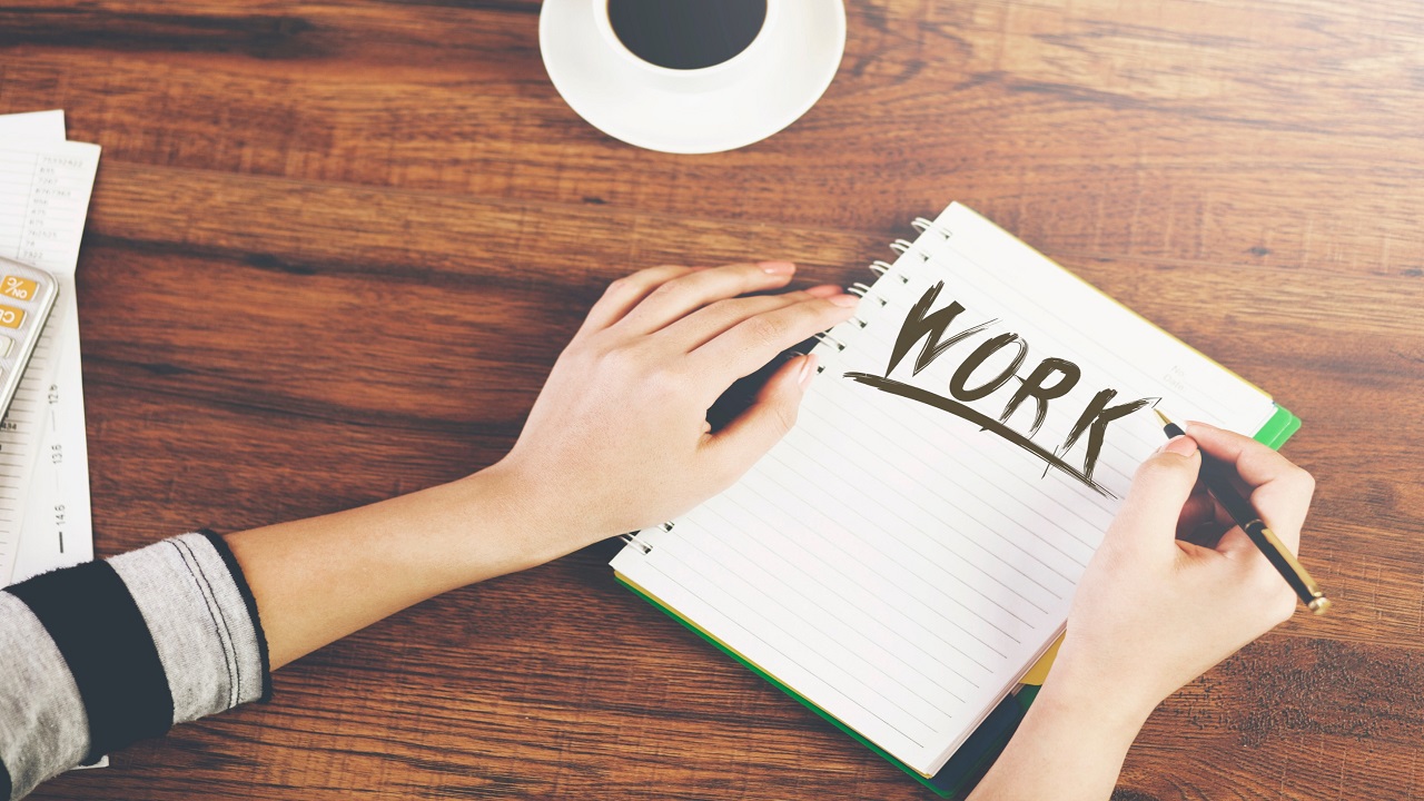 Filmy o pracy - notes z napisem "work"