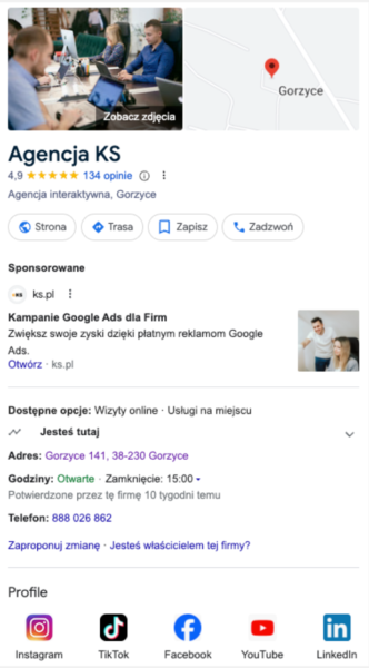 Profile społecznościowe na wizytówce Google