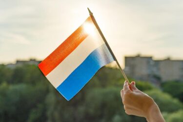 ręka trzymająca holenderską flagę; koncepcja pracy w Holandii
