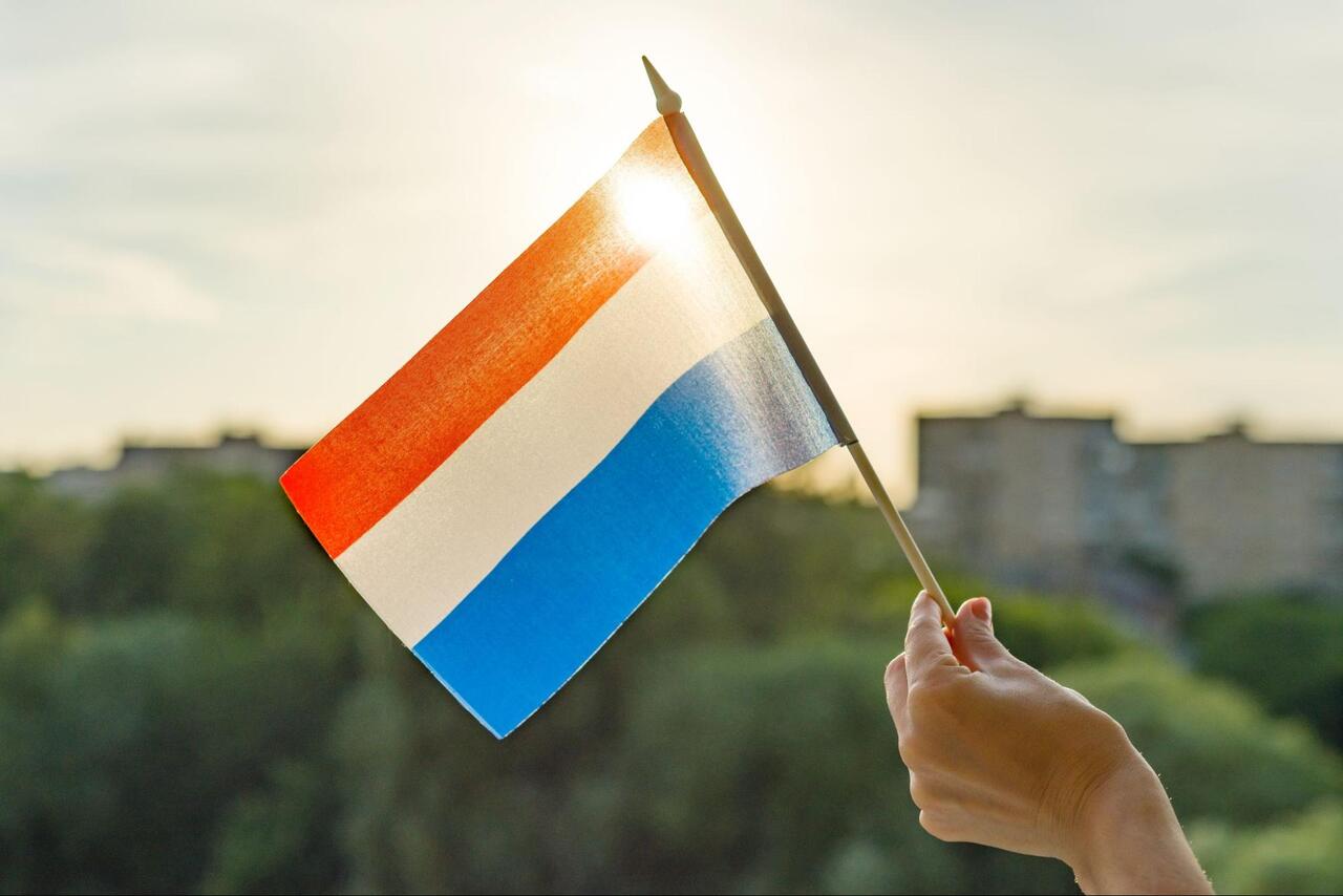 ręka trzymająca holenderską flagę; koncepcja pracy w Holandii