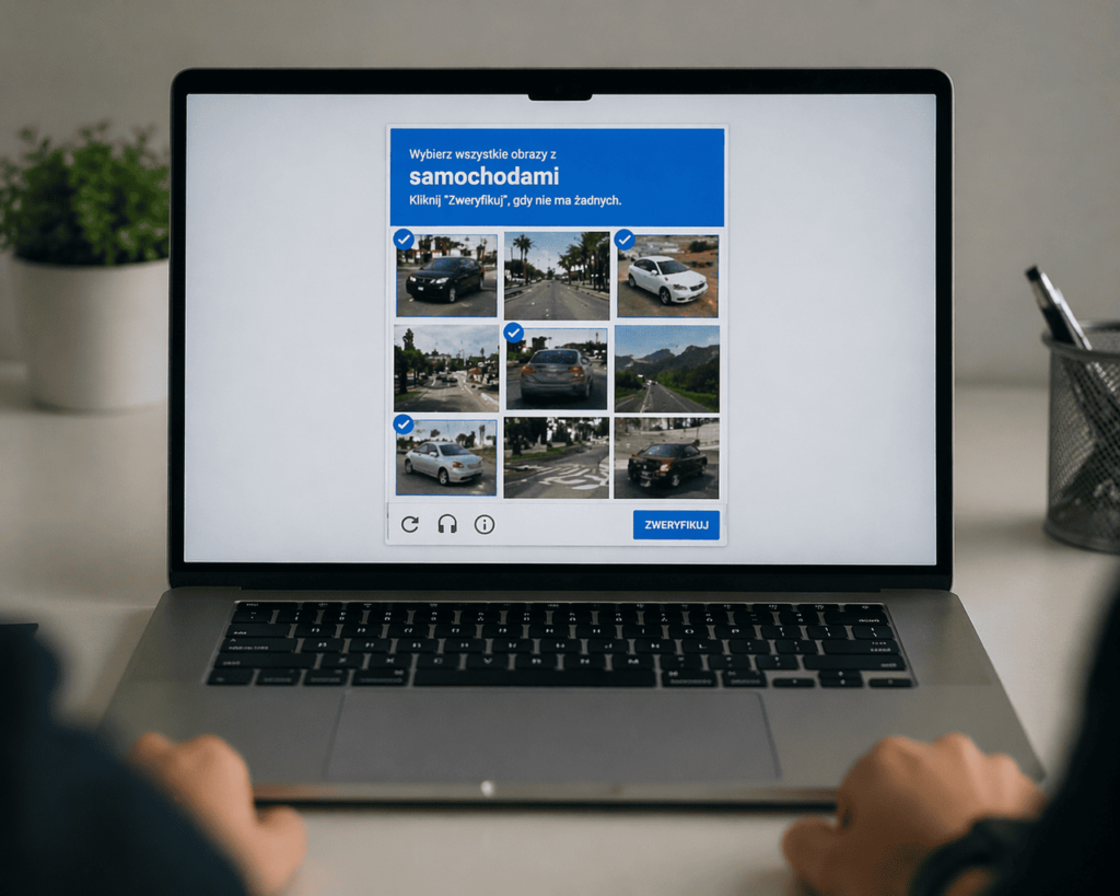 CAPTCHA obrazkowa wyświeltona na ekranie laptopa leżącego na biurku przed użytkownikiem