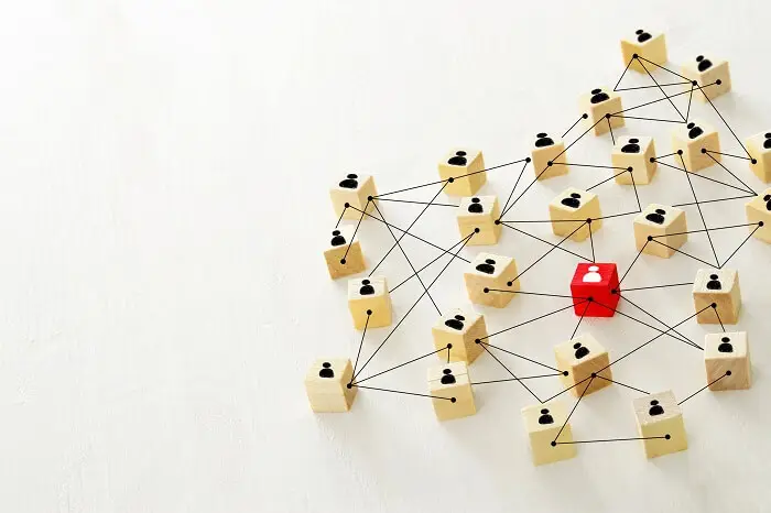 HR - zdjęcie klocków z ikonkami pracowników połączonych siecią wzajemnych relacji