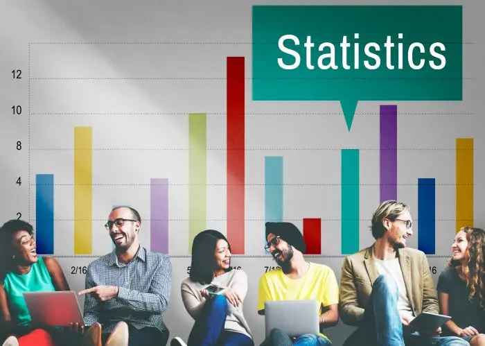 Kwartyl - ludzie na tle wykresu z napisem "statistics"