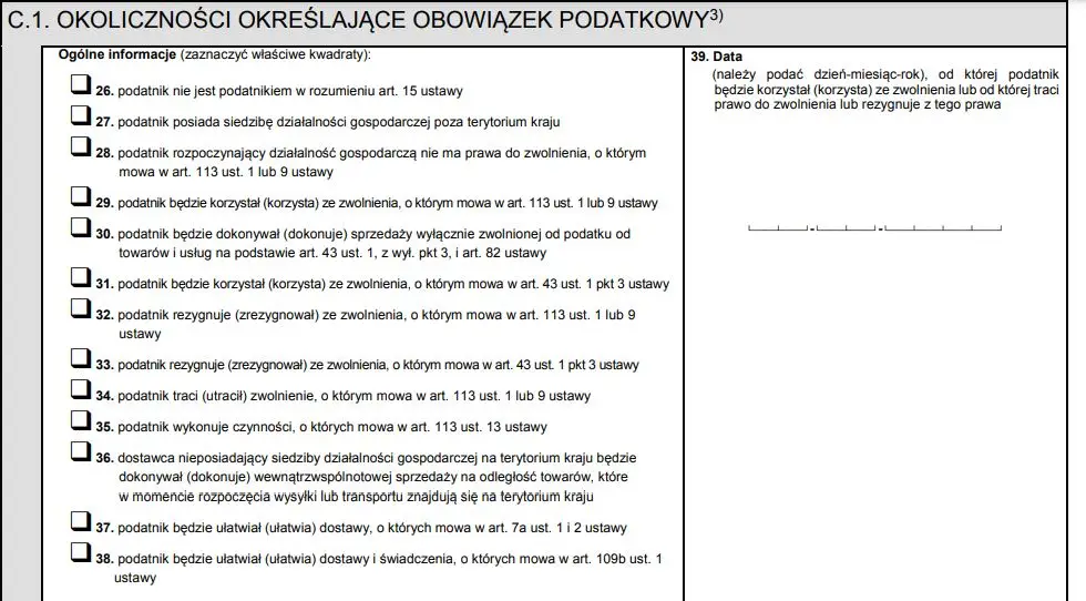 oświadczenie do rejestracji vat - wzór 1 rubryki 26-38