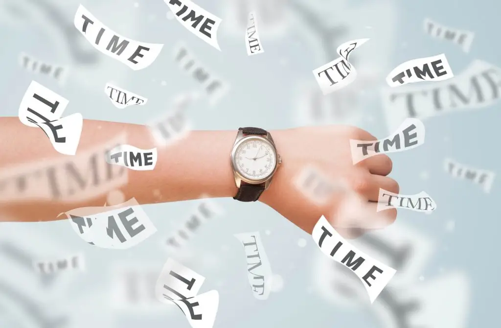 Okres rozliczeniowy - dłoń z zegarkiem, wokół rozrzucone kartki z napisem "time"
