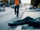 Mężczyzna leżący na chodniku, pracownik biegnie w jego keirunku