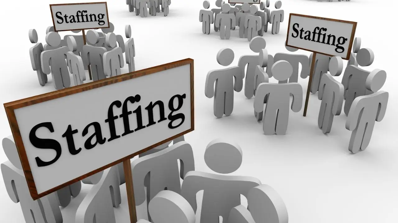Staffing - grafika z sylwetkami ludzi z transparentami z napisami staffing
