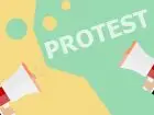 Protest napis na tle żółtym i zielonym, megafony po bokach grafika