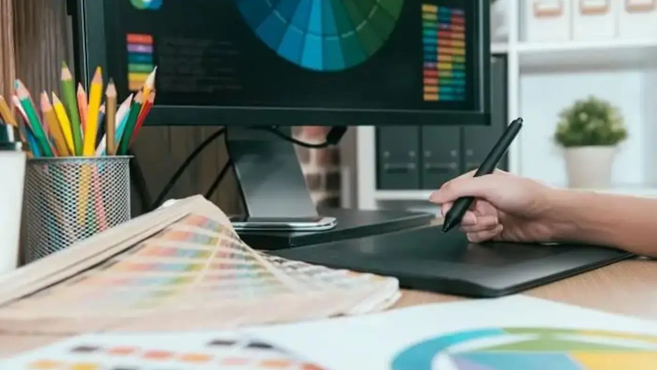 Grafik komputerowy - biurko z próbkami kolorów oraz komputer graficzny