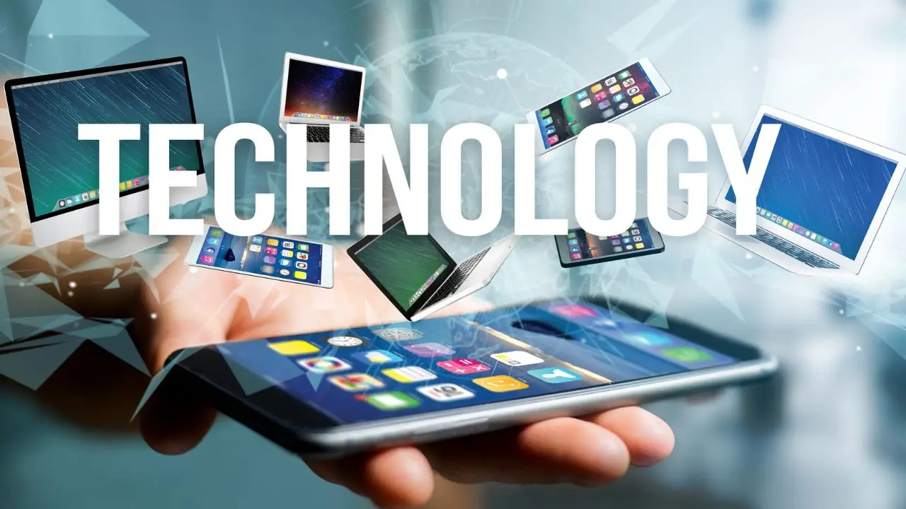Praca Motorola Solutions - grafika przedstawiająca różne urządzenia elektroniczne na tle napisu technology