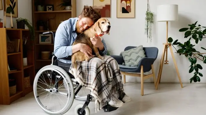 Świadczenie wspierające - osoba z niepełnosprawnością poruszjaąca się na wózku przytulająca psa