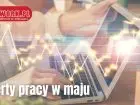 Oferty pracy na GoWork w maju 2023 - grafika przedstawiająca wykresy na tle zdjęcia przedstawiającego kobietę obsługującą laptopa