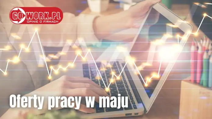 Oferty pracy na GoWork w maju 2023 - grafika przedstawiająca wykresy na tle zdjęcia przedstawiającego kobietę obsługującą laptopa