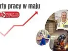 Oferty pracy na GoWork w maju 2023 - grafika przedstawiająca wykres i zdjęcia pracowników fizycznych