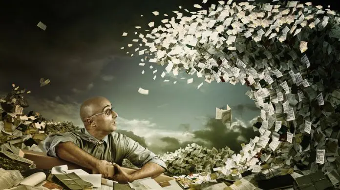 Obraz 1 - grafika przedstawiająca mężczyznę pod falą z banknotów