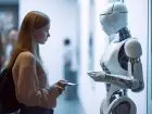 Zdanie konsumentów na temat AI - zdjęcie przedstawiające przedstawicielkę pokolenia Z stojącą naprzeciw robota