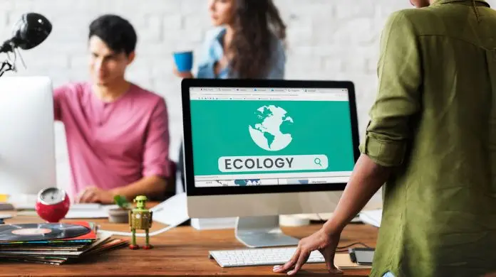 Pracownicy w biurze, komputer z napisem "ecology" na ekranie