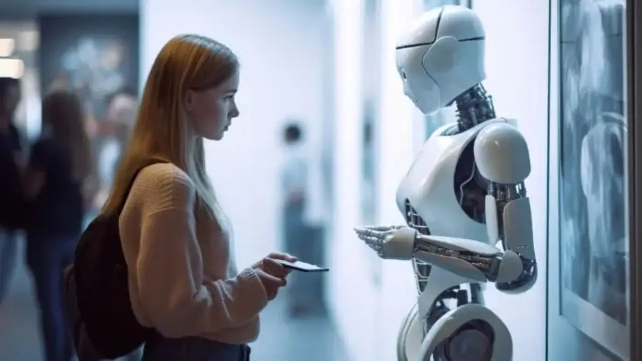 Zdanie konsumentów na temat AI - zdjęcie przedstawiające przedstawicielkę pokolenia Z stojącą naprzeciw robota
