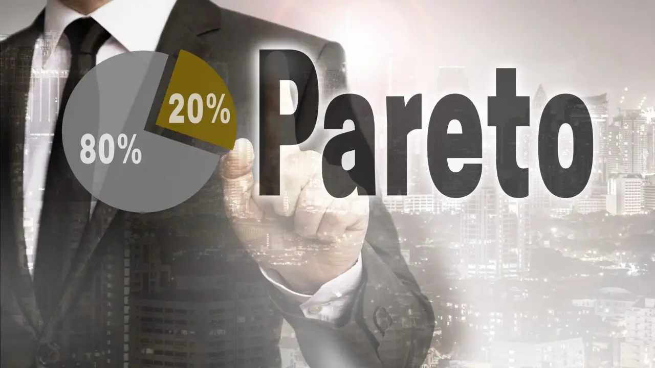 Pareto zasada - wykres z napisem Pareto, mężczyzna w garniturze w tle
