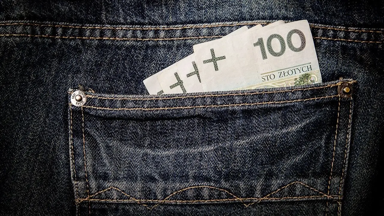 Najniższa krajowa 2025 - banknoty 100 zł w kieszeni spodni