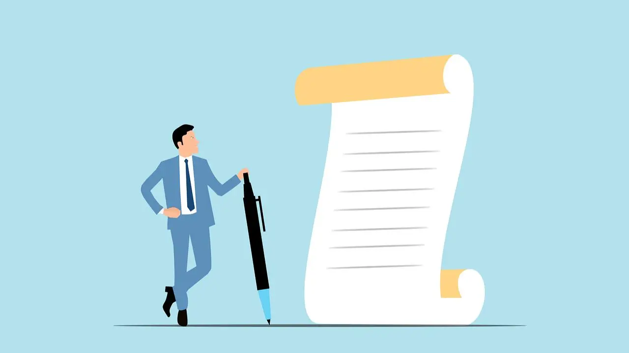 Wypowiedzenie umowy o pracę wzór do druku pdf - grafika przedstawiająca mężczyznę z długopisem obok dokumentu na niebieskim tle