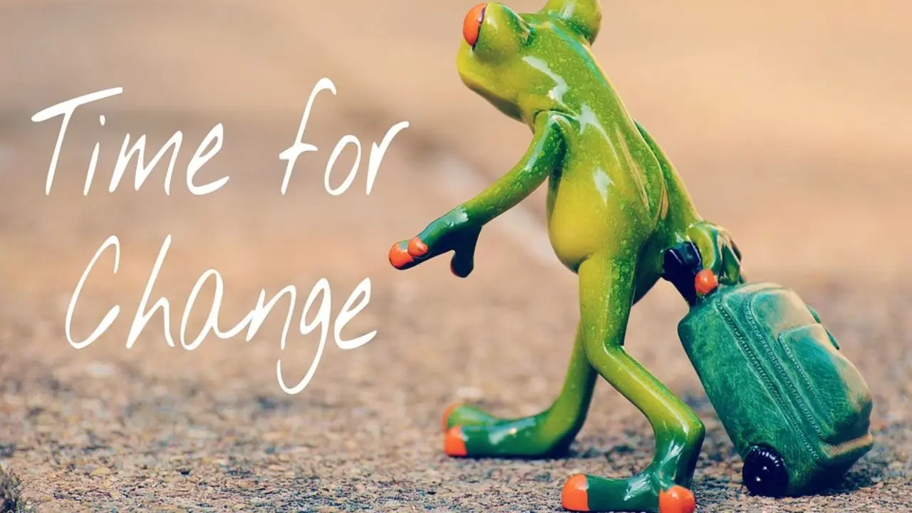Życzenia na odejście z pracy - napis time for change i figurka żaby z walizką