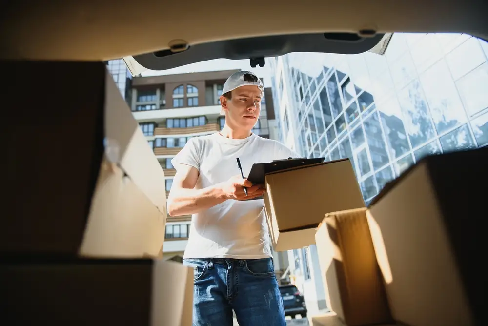 Young,Male,Courier,With,Parcels,Near,Delivery,Service,Car