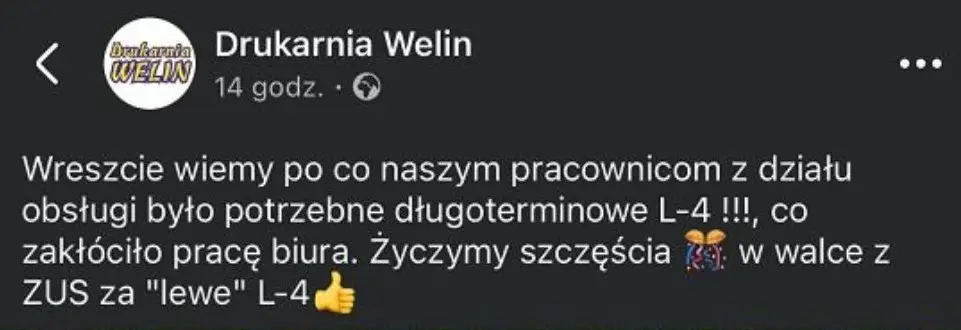 Pracodawca drukarnia welin komentarz l4 na ślub