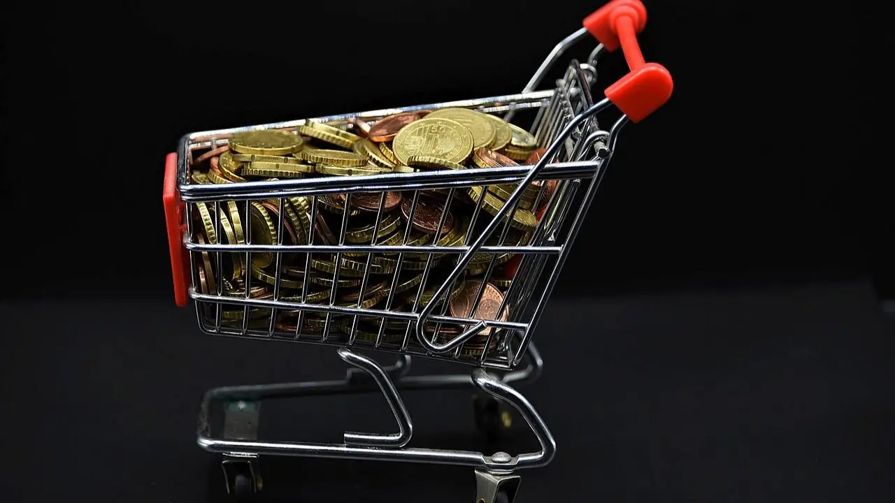 Najniższa krajowa netto styczeń 2026 - miniaturowy wózek sklepowy z monetami w środku